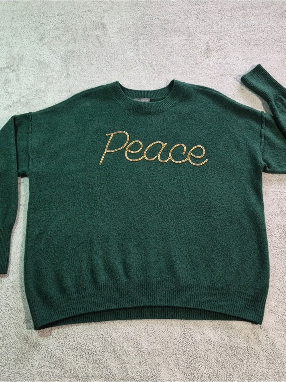 Vince Camuto Holiday Forest Green "Peace" Sweater with Gold Script